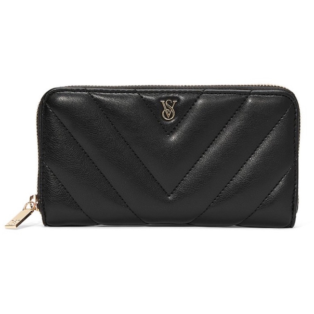 Victoria's Secret V-Quilted Large Zipper Wallet Black NWT